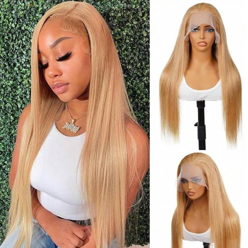 27# Honey Blonde Straight 13X6 HD Transparent Lace Front Wig - 180% Density Human Hair, Colored Wig