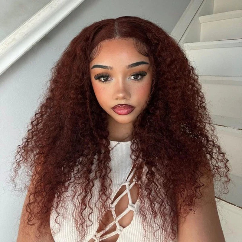 Auburn/Reddish Brown Deep Wave 13X4 HD Transparent Lace Front Wig - 180% Density Human Hair, Colored Wig