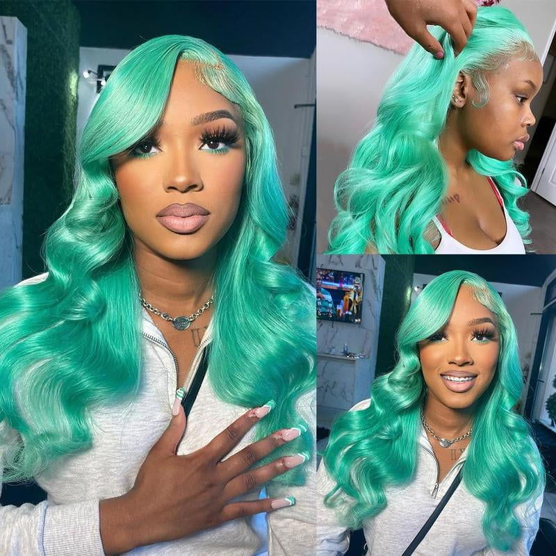 Mint Green Body Wave 13x4 HD Transparent Lace Front Wig - 180% Density Human Hair, Colored Wig