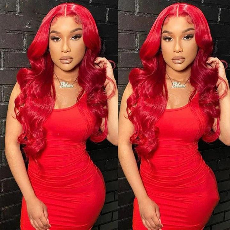 Red Straight and Body Wave 13X6 HD Transparent Lace Front Wig - 180% Density Human Hair, Colored Wig for Women