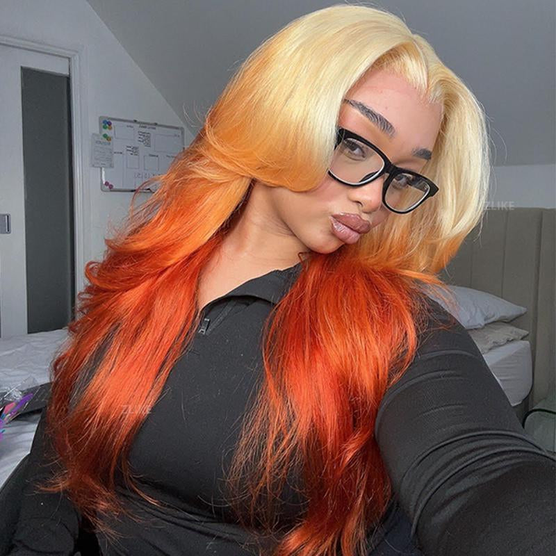 613 Blonde Ombre Highlight Ginger Orange 13X4 HD Transparent Lace Front Wig - 180% Density Human Hair, Colored Wig