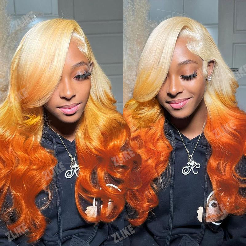 613 Blonde Ombre Highlight Ginger Orange 13X4 HD Transparent Lace Front Wig - 180% Density Human Hair, Colored Wig