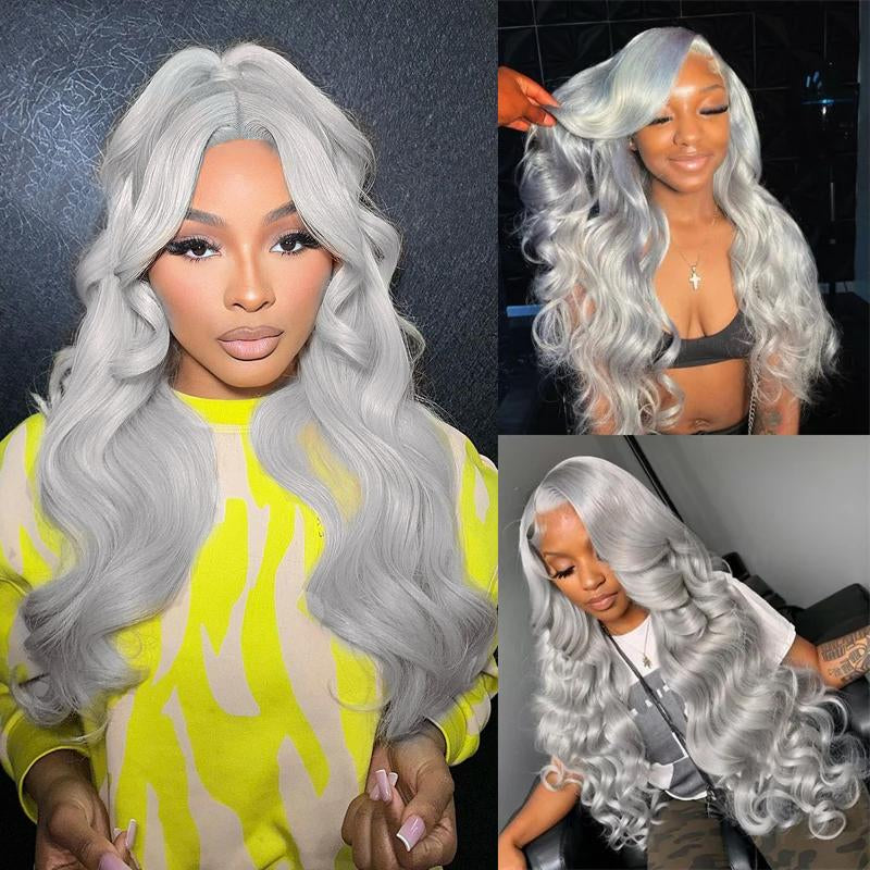 Ice Grey Body Wave 13x4 HD Transparent Lace Front Wig - 180% Density Human Hair, Colored Wig