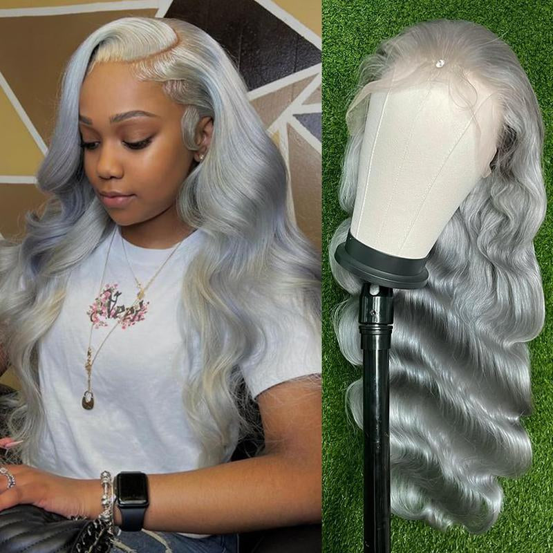 Ice Grey Body Wave 13x4 HD Transparent Lace Front Wig - 180% Density Human Hair, Colored Wig