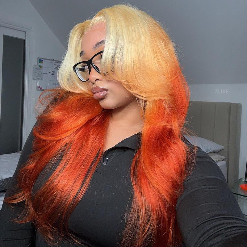 613 Blonde Ombre Highlight Ginger Orange 13X4 HD Transparent Lace Front Wig - 180% Density Human Hair, Colored Wig