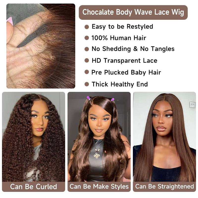 Chocolate Brown Straight and Body Wave 13X6 HD Transparent Lace Front Wig - 180% Density Human Hair, Colored Wig