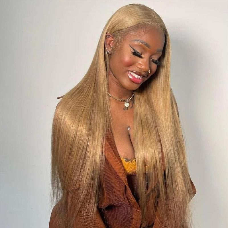 27# Honey Blonde Straight 13X6 HD Transparent Lace Front Wig - 180% Density Human Hair, Colored Wig