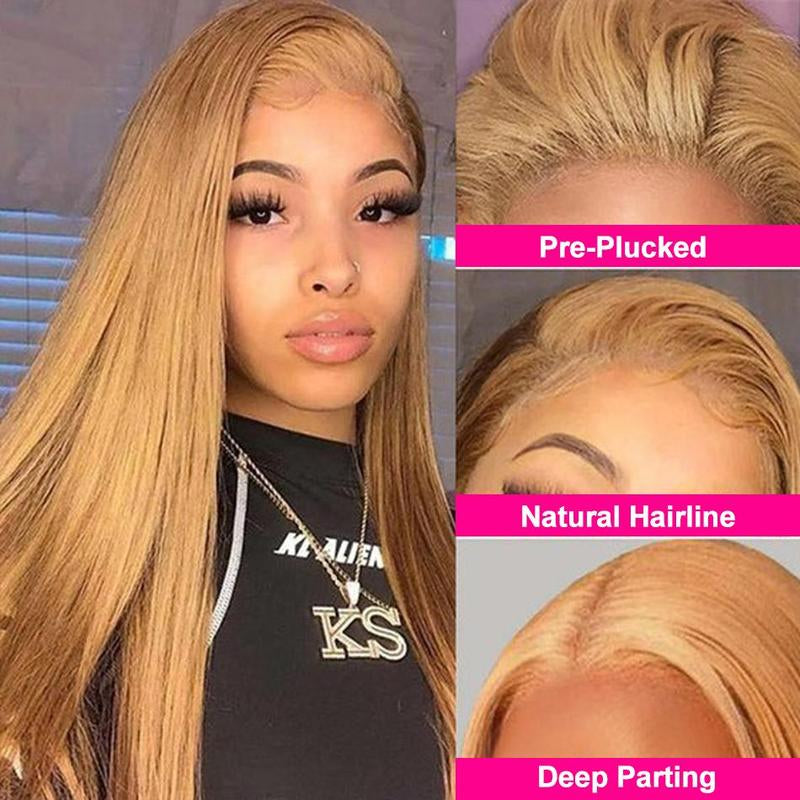 27# Honey Blonde Straight 13X6 HD Transparent Lace Front Wig - 180% Density Human Hair, Colored Wig