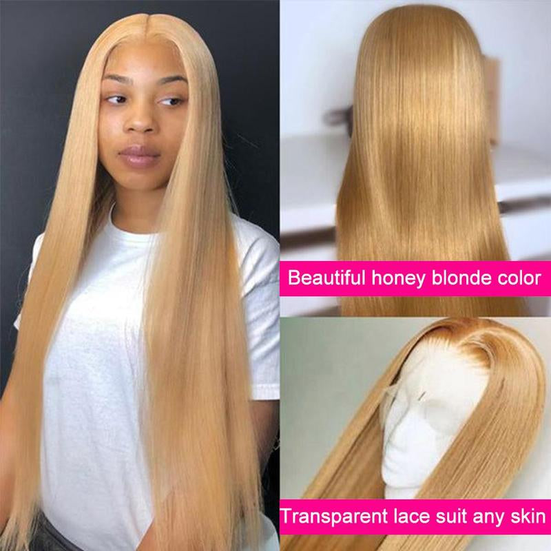 27# Honey Blonde Straight 13X6 HD Transparent Lace Front Wig - 180% Density Human Hair, Colored Wig