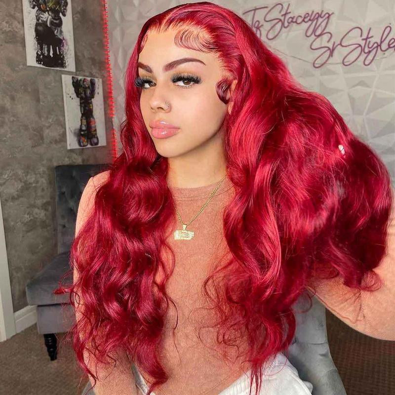 Red Straight and Body Wave 13X6 HD Transparent Lace Front Wig - 180% Density Human Hair, Colored Wig for Women