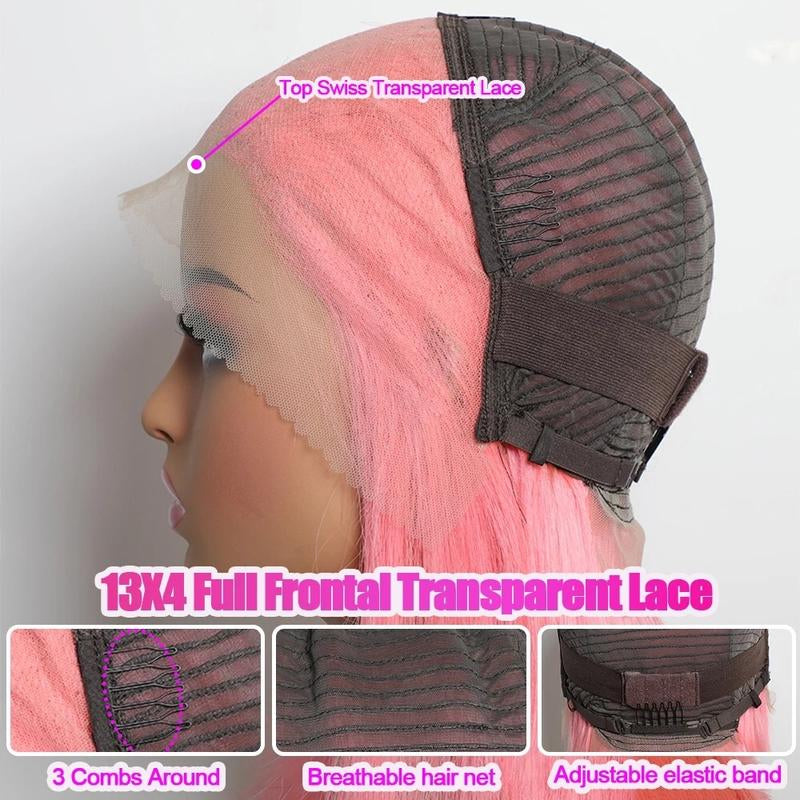 Pink Straight Bob 13X4 Lace Front Wig - 150% Density Human Hair, Colored Wig