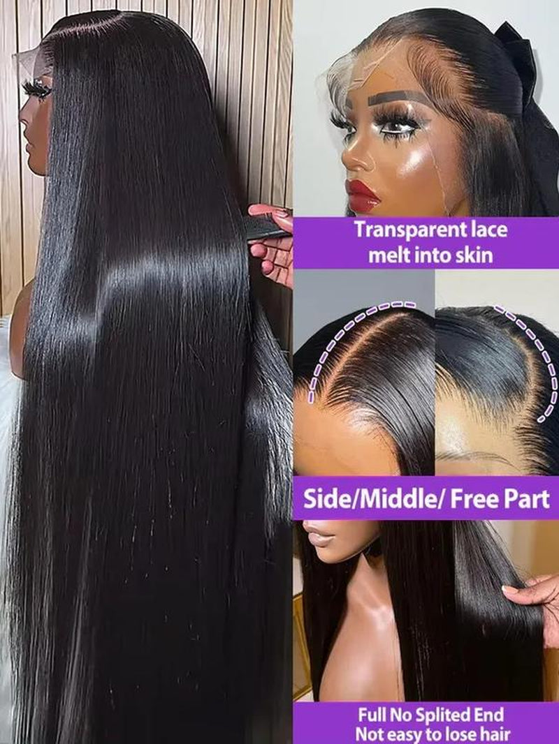 Black Bone Straight 13x6 HD Transparent Lace Front Wig - 180% Density Human Hair Wig