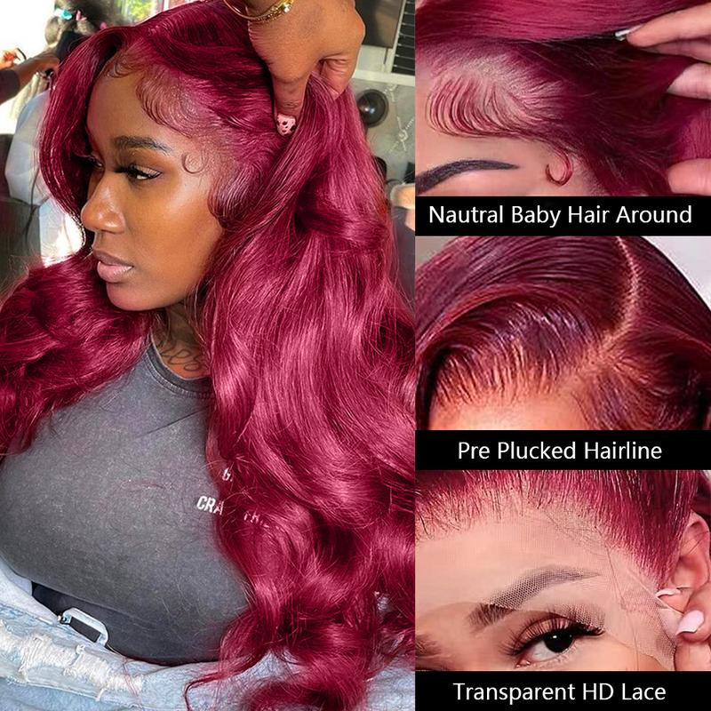 99J Burgundy Body Wave 13X6 Lace Front Wig - 180% Density Human Hair, Colored Wig