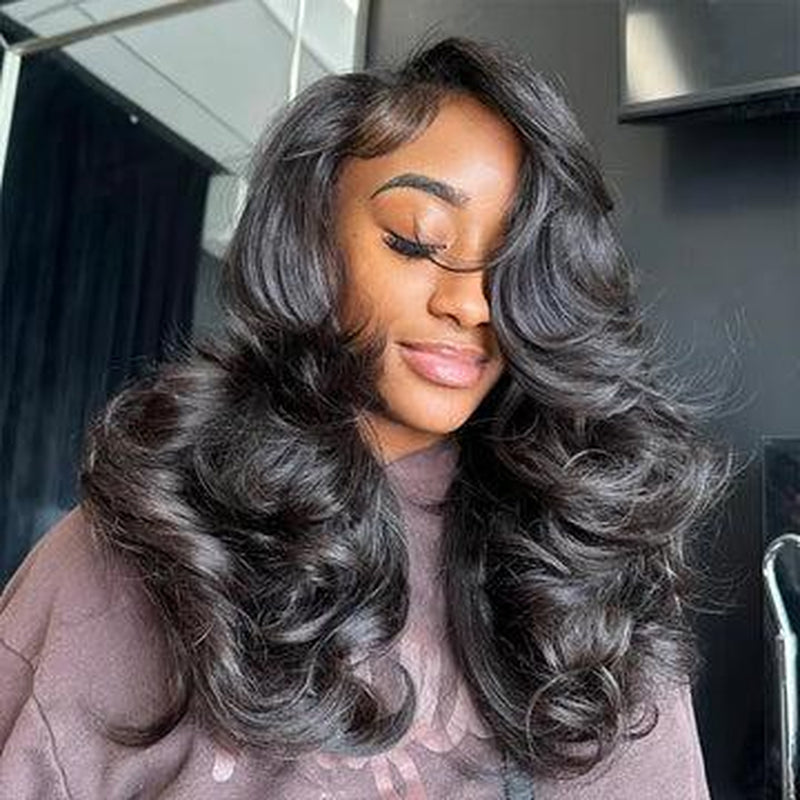 Black Butterfly Cut Face-Framing Peacock Curls 13X6 Glueless Wig - 250% Density Human Hair