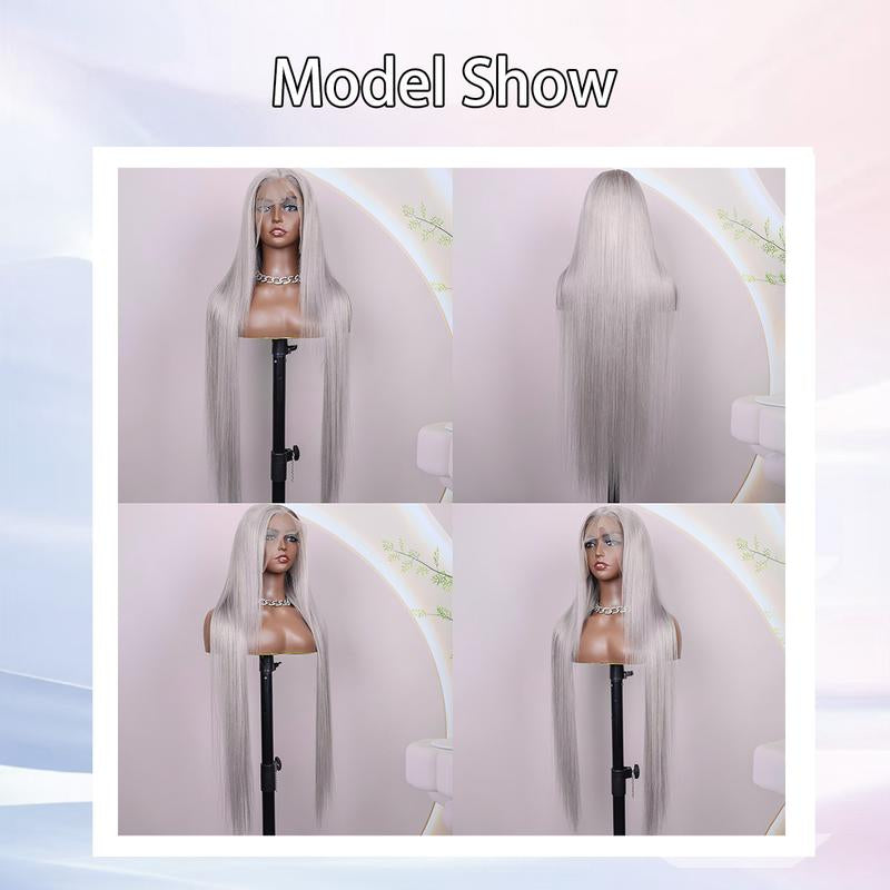 Silver Grey Straight 13x6 HD Transparent Lace Front Wig - 180% Density Human Hair, Colored Wig