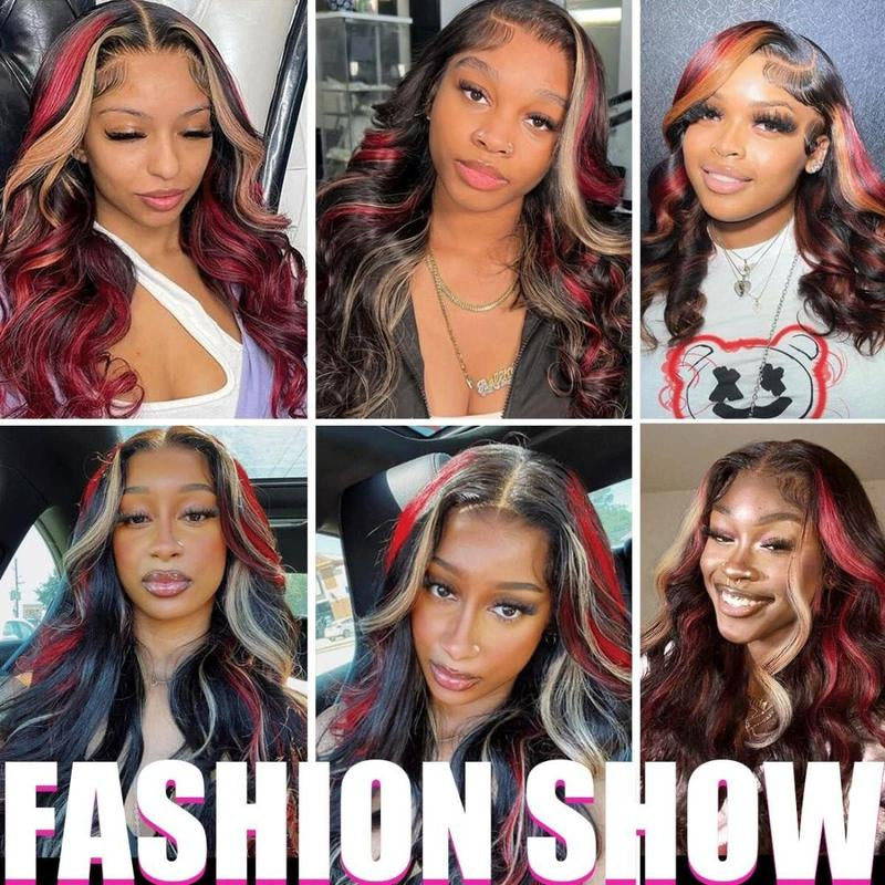 Black Red Burgundy Highlight 13x4 HD Transparent Lace Front Wig - 180% Density Human Hair, Colored Wig