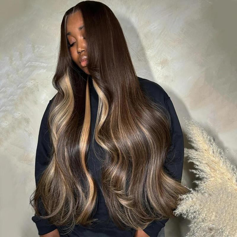 Brown Blonde Highlights Body Wave 13x6 HD Transparent Lace Front Wig - 180% Density Human Hair, Colored Wig