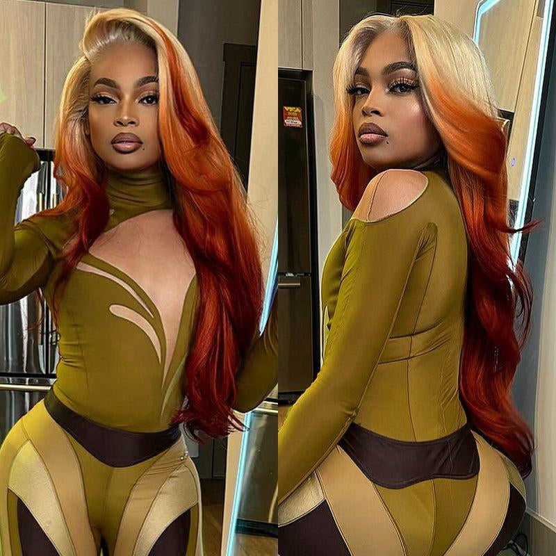 613 Blonde Ombre Highlight Ginger Orange 13X4 HD Transparent Lace Front Wig - 180% Density Human Hair, Colored Wig