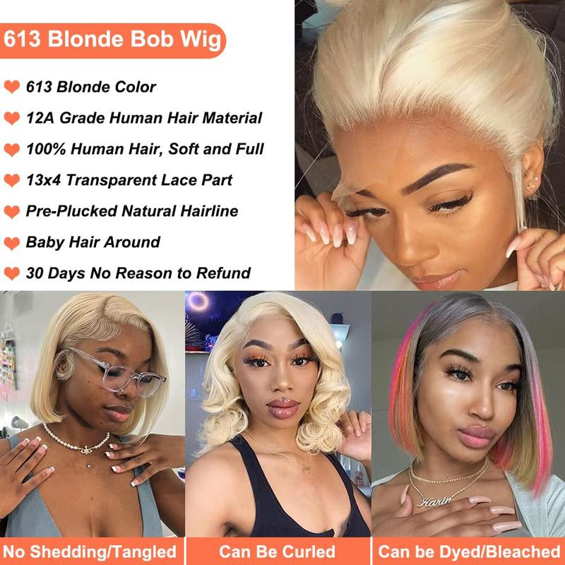 613 Blonde Straight Bob 13x4 HD Transparent Lace Front Wig - 200% Density Human Hair, Colored Wig