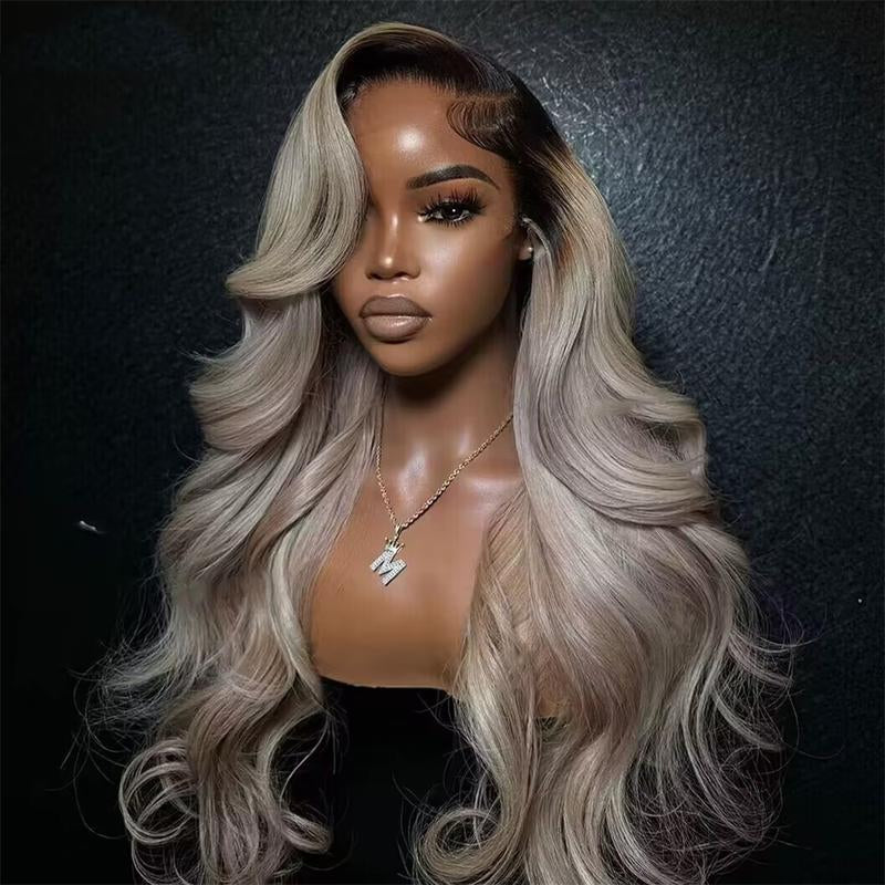 Milk Tea Ombre Ash Blonde Body Wave 13x6 HD Transparent Lace Front Wig - 180% Density Human Hair, Colored Wig