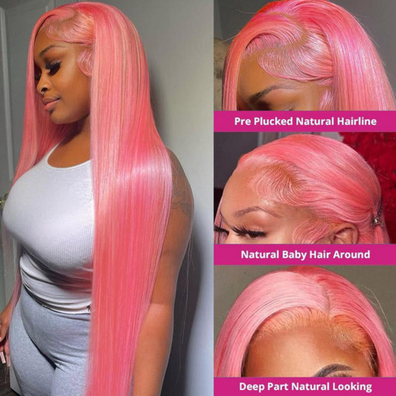 Pink Straight 13x4 HD Transparent Lace Front Wig – 180% Density Human Hair, Colored Wig for Women