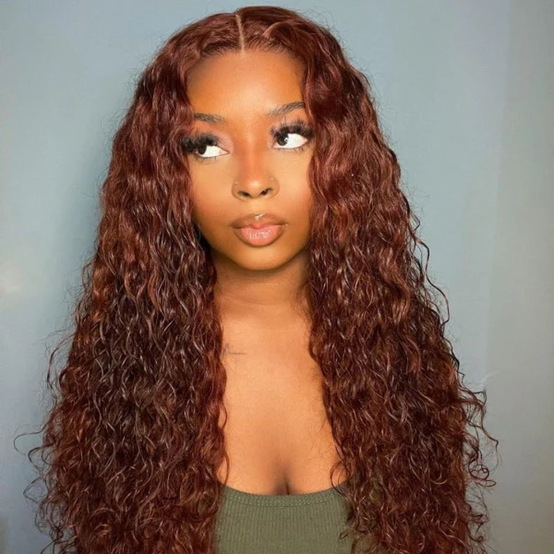 Auburn/Reddish Brown Deep Wave 13X4 HD Transparent Lace Front Wig - 180% Density Human Hair, Colored Wig