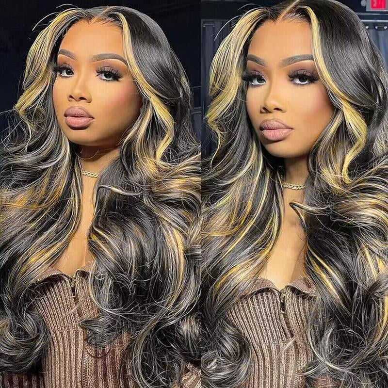 Blonde Balayage on Black Body Wave and Deep Wave 13x6/13x4 HD Transparent Lace Front Wig - 200% Density Human Hair, Colored Wig