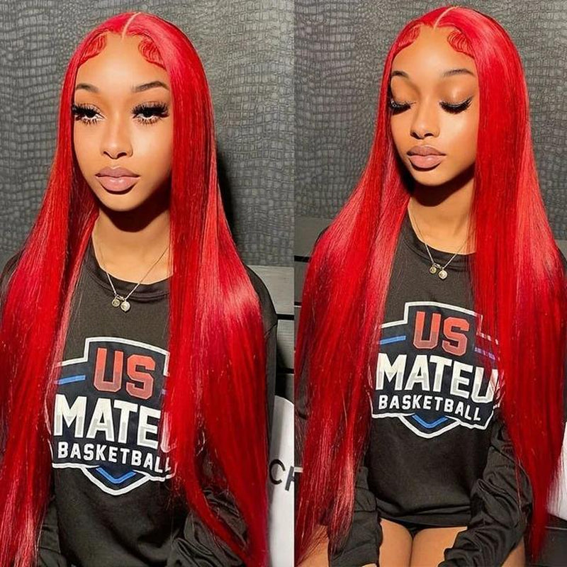 Red Straight and Body Wave 13X6 HD Transparent Lace Front Wig - 180% Density Human Hair, Colored Wig for Women