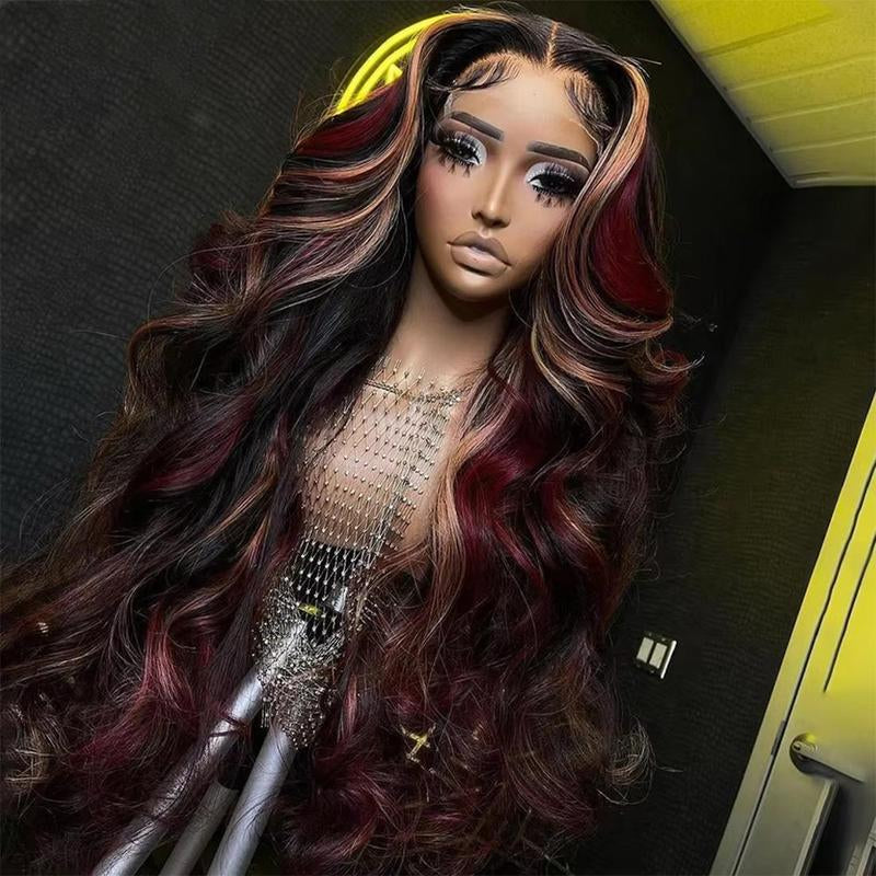 Black Red Burgundy Highlight 13x4 HD Transparent Lace Front Wig - 180% Density Human Hair, Colored Wig