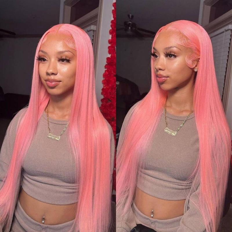 Pink Straight 13x4 HD Transparent Lace Front Wig – 180% Density Human Hair, Colored Wig for Women