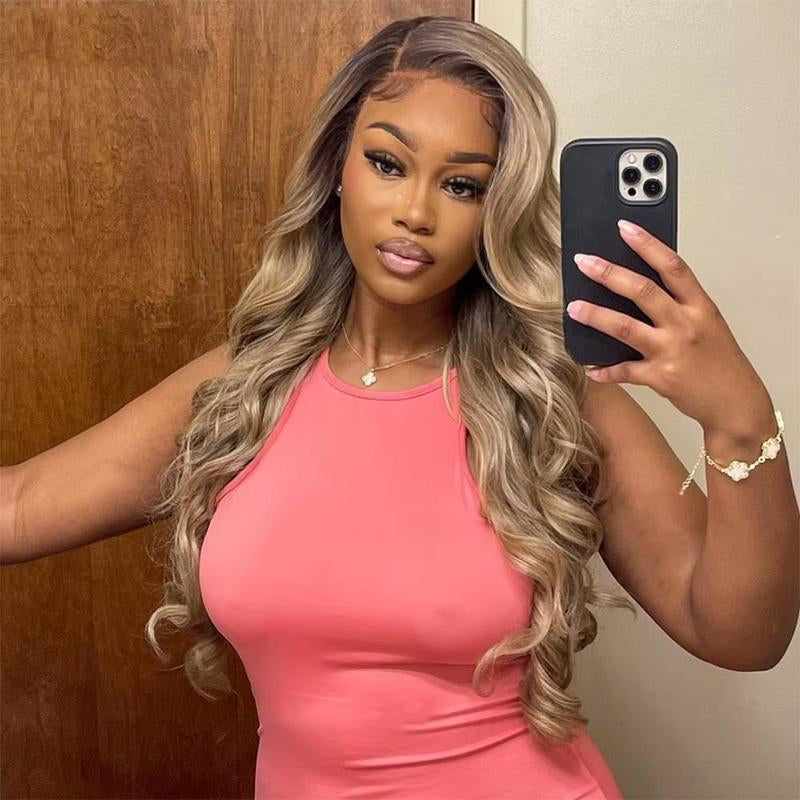 Milk Tea Ombre Ash Blonde Body Wave 13x6 HD Transparent Lace Front Wig - 180% Density Human Hair, Colored Wig