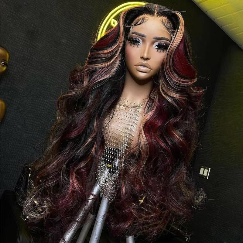 Black Red Burgundy Highlight 13x4 HD Transparent Lace Front Wig - 180% Density Human Hair, Colored Wig