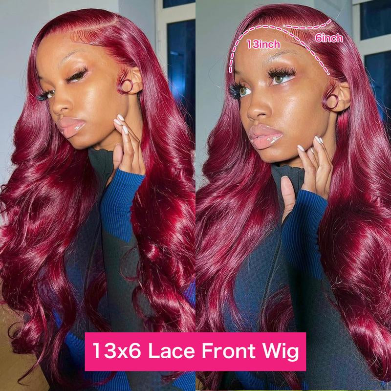 99J Burgundy Body Wave 13X6 Lace Front Wig - 180% Density Human Hair, Colored Wig
