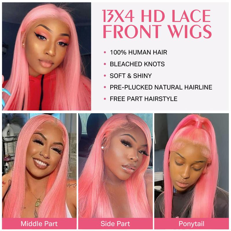 Pink Straight 13x4 HD Transparent Lace Front Wig – 180% Density Human Hair, Colored Wig for Women