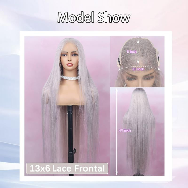 Silver Grey Straight 13x6 HD Transparent Lace Front Wig - 180% Density Human Hair, Colored Wig