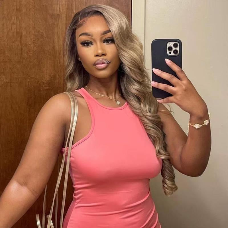 Milk Tea Ombre Ash Blonde Body Wave 13x6 HD Transparent Lace Front Wig - 180% Density Human Hair, Colored Wig