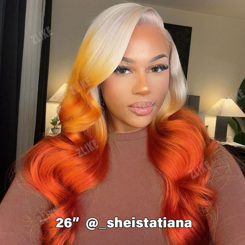 613 Blonde Ombre Highlight Ginger Orange 13X4 HD Transparent Lace Front Wig - 180% Density Human Hair, Colored Wig