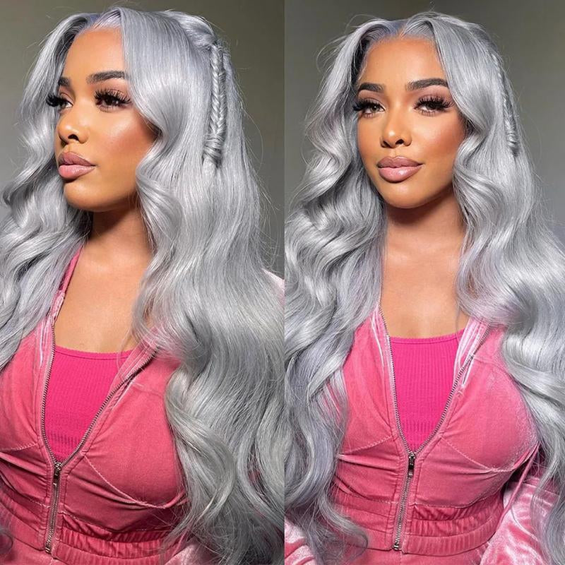 Ice Grey Body Wave 13x4 HD Transparent Lace Front Wig - 180% Density Human Hair, Colored Wig