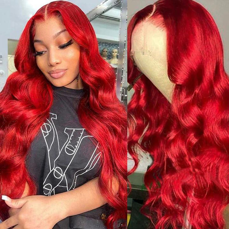 Red Straight and Body Wave 13X6 HD Transparent Lace Front Wig - 180% Density Human Hair, Colored Wig for Women