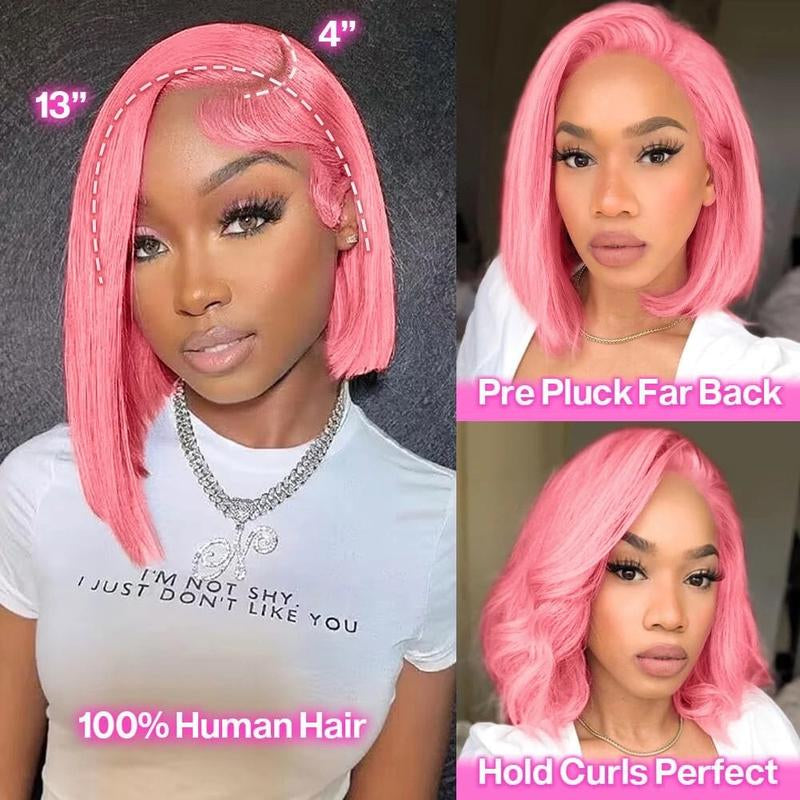 Pink Straight Bob 13X4 Lace Front Wig - 150% Density Human Hair, Colored Wig