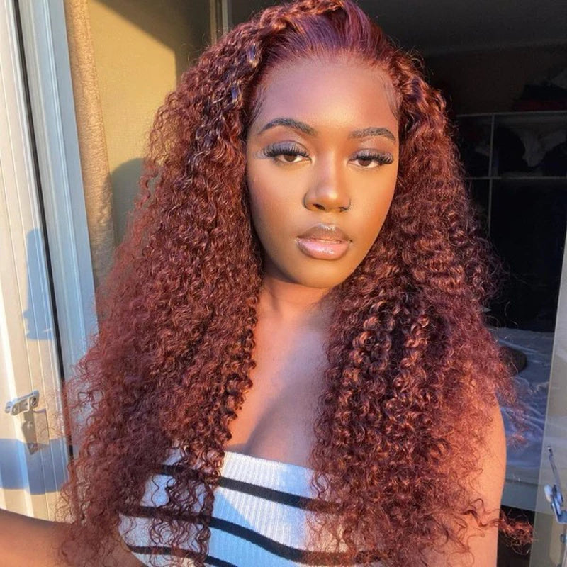 Auburn/Reddish Brown Deep Wave 13X4 HD Transparent Lace Front Wig - 180% Density Human Hair, Colored Wig