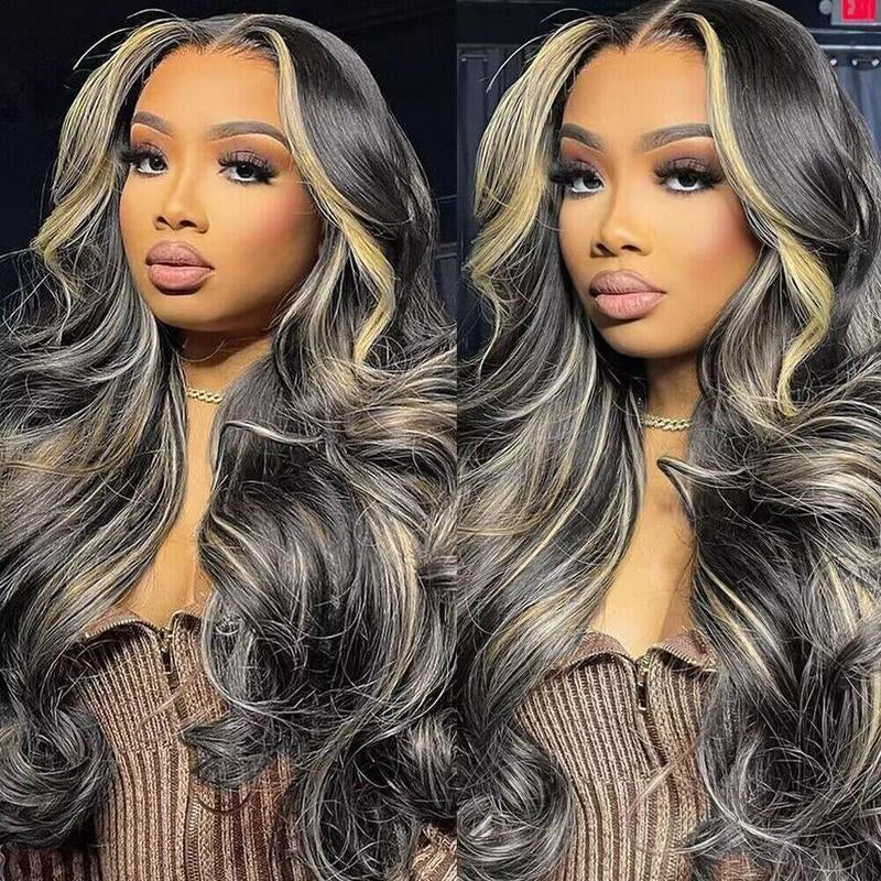Blonde Balayage on Black Body Wave and Deep Wave 13x6/13x4 HD Transparent Lace Front Wig - 200% Density Human Hair, Colored Wig