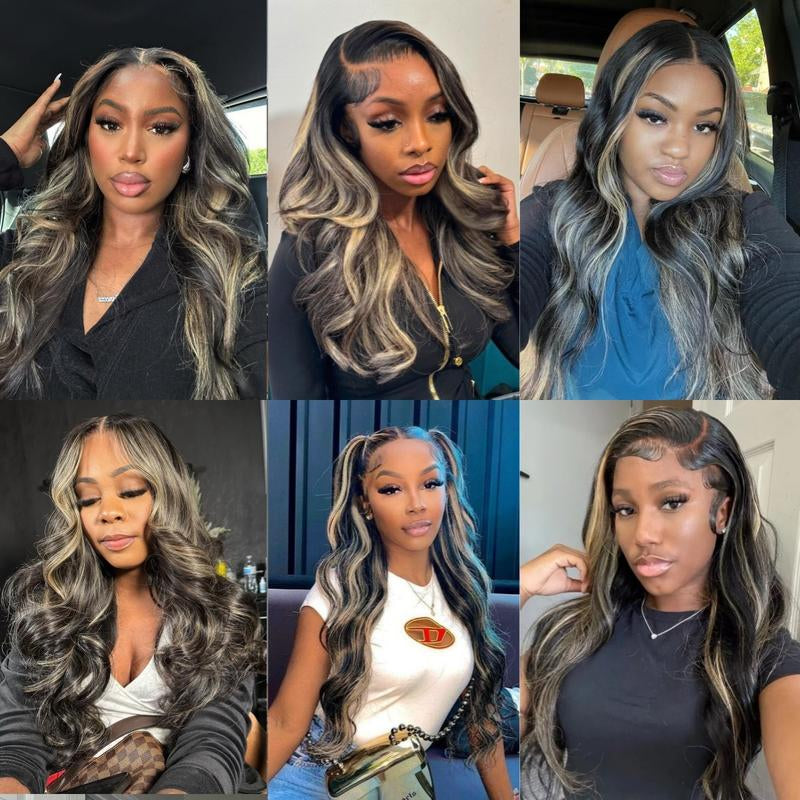 Blonde Highlight Body Wave 13x4 HD Transparent Lace Front Wig - 180% Density Human Hair, Colored Wig