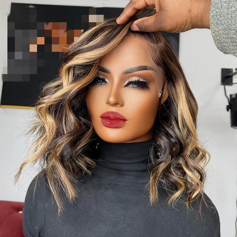 Highlight Curly Bob 13x4 HD Transparent Lace Front Wig - 180% Density Human Hair, Colored Wig