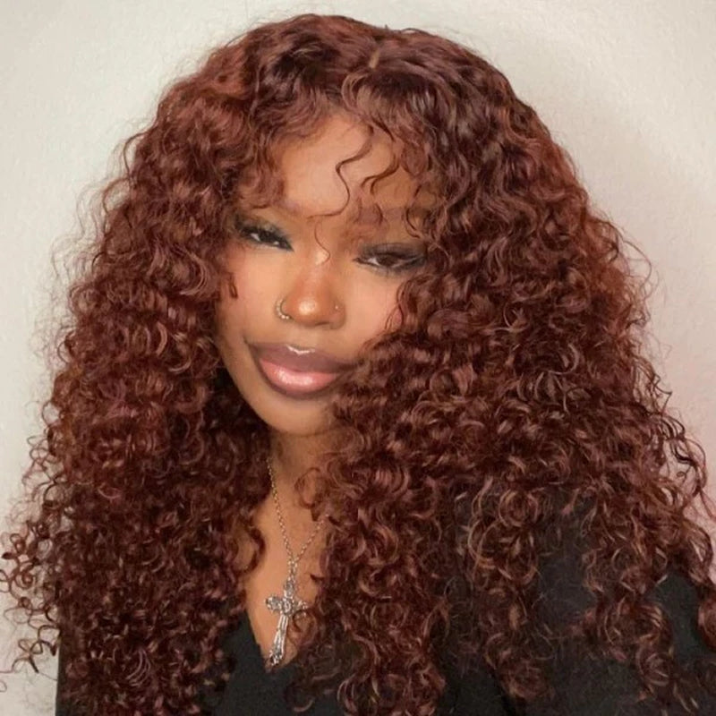 Auburn/Reddish Brown Deep Wave 13X4 HD Transparent Lace Front Wig - 180% Density Human Hair, Colored Wig
