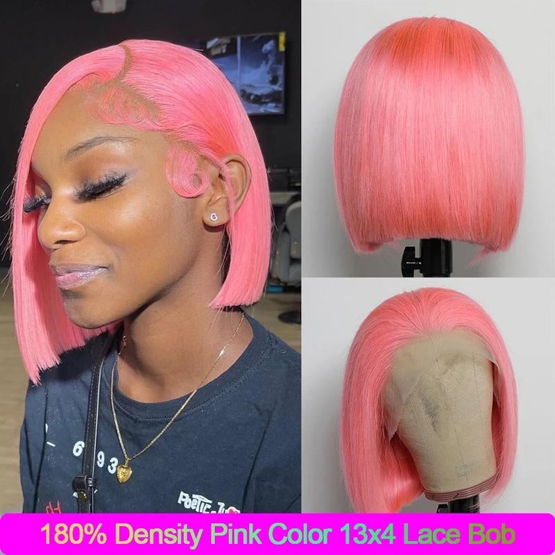 Pink Straight Bob 13X4 Lace Front Wig - 150% Density Human Hair, Colored Wig