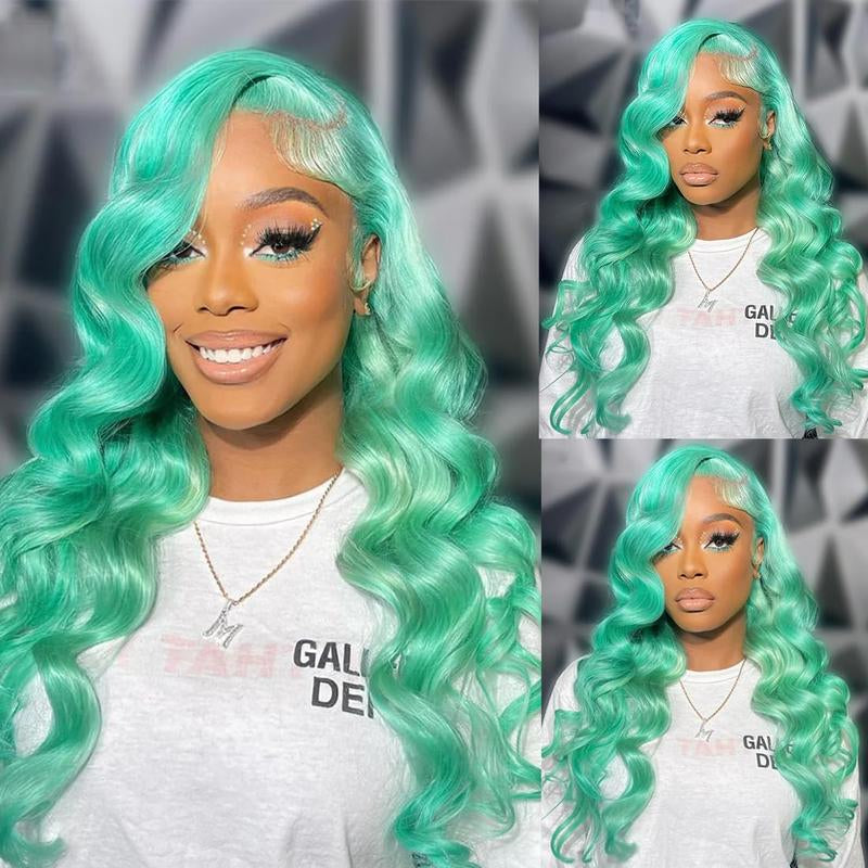 Mint Green Body Wave 13x4 HD Transparent Lace Front Wig - 180% Density Human Hair, Colored Wig