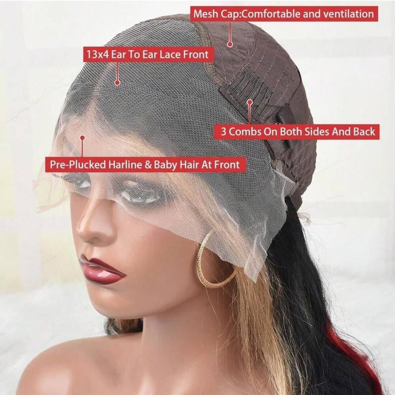 Black Red Burgundy Highlight 13x4 HD Transparent Lace Front Wig - 180% Density Human Hair, Colored Wig