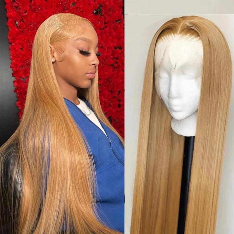 27# Honey Blonde Straight 13X6 HD Transparent Lace Front Wig - 180% Density Human Hair, Colored Wig