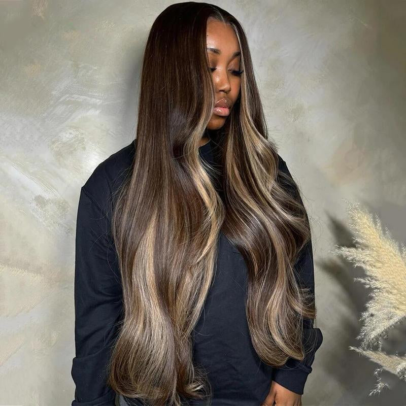 Brown Blonde Highlights Body Wave 13x6 HD Transparent Lace Front Wig - 180% Density Human Hair, Colored Wig